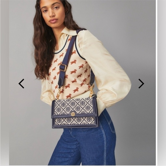 Tory Burch T Monogram Jacquard Shoulder/Crossbody Bag navy blue - Picture 1 of 10